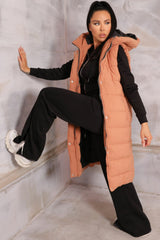Tan Sleeveless Longline Midi Zip Up Hooded Puffer Gilet - Terri