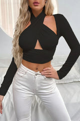 Black Slinky Cross Wrap Halter Crop Top - Donelia