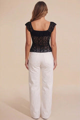 Black Lace Tie Front Handkerchief Hem Top - Tyrana