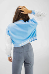 Sky Blue Varsity Slogan Contrast Sleeve Bomber - Hallie