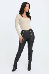 Black PU Leather High Waisted Button Detail Legging - Charlotte