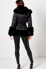 Black Belted Padded Faux Fur Detail Hooded Coat - Eva
