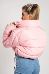 Pink High Neck Padded Cropped Puffer Jacket - Khlo