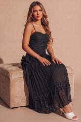Black Ruched Bandeau Ruffle Detail Pleated Maxi Dress - Cilon