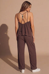 Brown Crinkle Textured Cami Top & Wide Leg Trouser Set - Camya