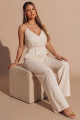 Beige Strappy Wrap Wide Leg Jumpsuit - Huixo