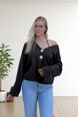 Brown V-Neck Knit Long Sleeve Sweater with Gold Button Details Cardigan Top - Liorena