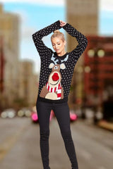 Black Polka Dot Reindeer Pom Pom Christmas Knit Jumper- Kinnse