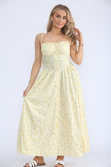 Yellow Floral Printed Strappy Front Buttons Midi Sundress - Clover
