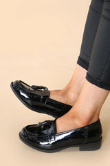 Black Patent Slip On Flat form Loafer Shoes With Tassel - Elysia
