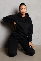 Black Oversized Front Pocket Pullover Hoodie Cuffed Joggers Loungewear Set - Alexia