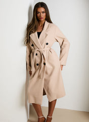 Stone Double Breasted Black Button Detail Belted Trench Coat - Eliana