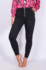 Black Denim Lace Up Detail Zip Front Skinny Jean- Anina