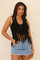 Black Strappy Fringe Crochet Crop Top - Véronique