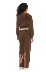 Brown Cropped Zip-Up Hoodie with Wide Leg Joggers Statement Patch Loungewear Set – Zaria