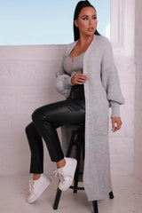 Grey Longline Rib Knitted Balloon Sleeve Pocket Detail Maxi Cardigan - Thea