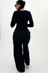 Black Button Up Double Pocket Cargo Trousers - Laya