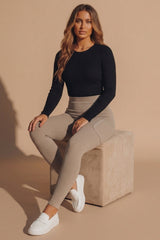 Beige Ribbed High Waisted Pocket Detail Leggings - Syra