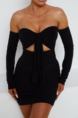 Black Slinky Ruched Bardot Long Sleeve Cut Out Tie Front Bodycon Mini Dress - Zion