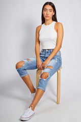 Blue Ripped Cropped Denim Distressed Knee Detail Jeans -Virella