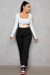 Black Oversized High Waisted Shirred Drawstring Pocket Detail Cuffed Joggers - Samira