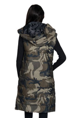 Camo Sleeveless Longline Midi Zip Up Hooded Puffer Gilet - Terri
