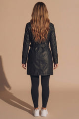 Black Faux Leather Belted Biker Coat - Mich