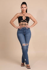 Washed Dark Blue High Waisted Distressed Slim Fit Jeans - Lowri