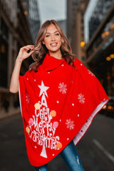 Red Pom Pom Merry Christmas knitted Poncho - Aviva