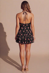 Black Floral Print Frill Hem With Integrated Inner Shorts Mini Dress-Wyba