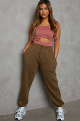 Khaki Oversized High Waisted Shirred Drawstring Pocket Detail Cuffed Joggers - Samira