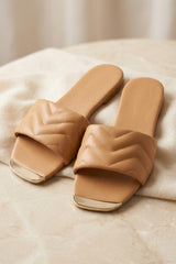 Camel Quilted Flat Slip-On Sandals with Gold Toe Detail - Yora