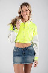 Neon Green Hooded Varsity Jacket with Contrast Sleeves-Honon