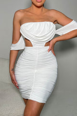 White Bardot Cowl Neck Ruched Mini Dress - Sara