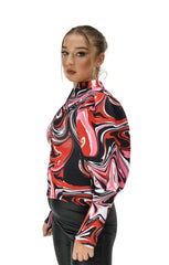 Red Abstract Swirl Puff Sleeve Zip High Collar Jacket- Cora