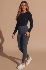 Black Acid Wash Ribbed High Waisted Pocket Detail Leggings - Syra