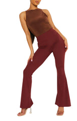Wine Wide Ribbed Basic Flared High Waist Fit Trousers- Clara