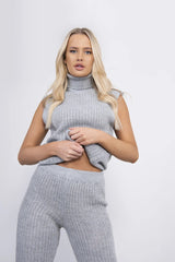 Grey Ribbed Knitted 3 Piece Loungewear Set-Jinet