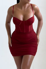 Rust Mesh Ruched Corset Strappy Bodycon Mini Dress - Penny
