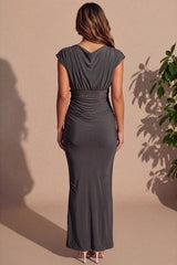 Taupe Slinky Plunge Ruched Shoulder Drape Waist Double Layer Maxi Dress - Josalía