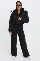 Black Cropped Padded Long Sleeve Zip Front Shower Proof Jacket - Harper