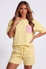 Yellow Oversized T-Shirt & Shorts Co-Ord Set With Pink Pocket Detail- Uirelan