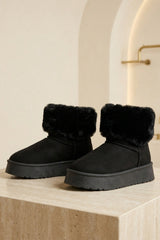 Black Faux Suede Faux Fur Cuff Chunky Platform Ankle Boots - Silo