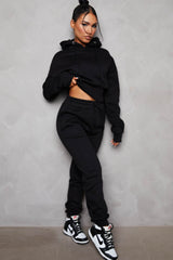 Black Long Sleeve Cropped Fleece Hoodie & Cuffed Joggers Loungewear Set - Layla