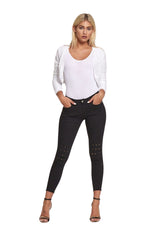 Black High Waisted Button Up Eyelet Detail Skinny Jeans - Flina