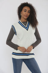 Cream Cable Knit V Neck With Blue Stripe Jumper- Casoil