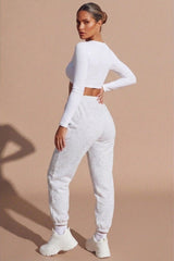 White Slinky Twist Front V Neck Long Sleeve Crop Top - Liriana
