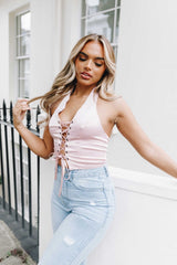 Rose Halterneck Lace Up Crop Top - Lulu