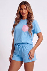 Sky Blue Oversized T-Shirt & Shorts Co-Ord Set With Pink Pocket Detail- Uirelan