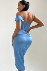 Sky Blue Off The Shoulder High Split Corset Midi Dress - Brooke